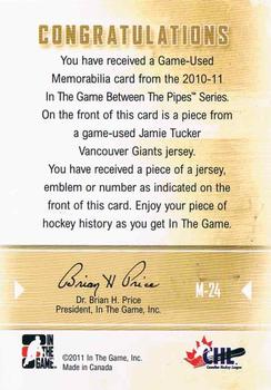 2010-11 In The Game Between The Pipes - Jerseys Silver #M-24 Jamie Tucker  Back