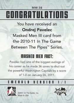 2010-11 In The Game Between The Pipes - Masked Men III Emerald #MM-38 Ondrej Pavelec Back