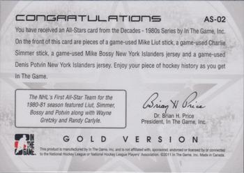 2010-11 In The Game Decades 1980s - All-Stars Jerseys Gold #AS-02 Mike Liut / Charlie Simmer / Mike Bossy / Denis Potvin  Back