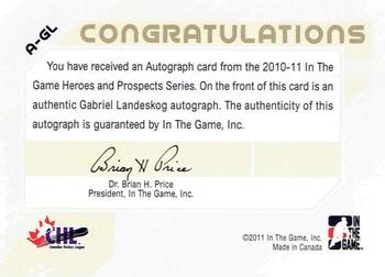 2010-11 In The Game Heroes and Prospects - Autographs #A-GL Gabriel Landeskog  Back