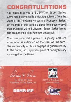 2010-11 In The Game Heroes and Prospects - Canada Russia Challenge Numbers Autographs #SSMAMP Matt Puempel  Back