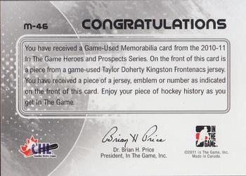 2010-11 In The Game Heroes and Prospects - Game Used Jerseys Black #M46 Taylor Doherty  Back