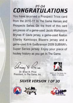 2010-11 In The Game Heroes and Prospects - Prospect Trios Silver #PT4 Jacob Markstrom / Keaton Ellerby / Erik Gudbranson  Back
