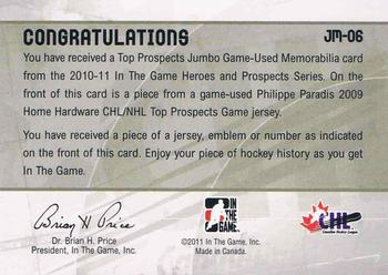 2010-11 In The Game Heroes and Prospects - Top Prospects Game Used Jerseys Silver #JM06 Philippe Paradis  Back