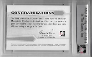 2010-11 In The Game Ultimate Memorabilia - Names #30 Roberto Luongo Back
