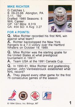 1994 Hockey Wit #1 Mike Richter Back