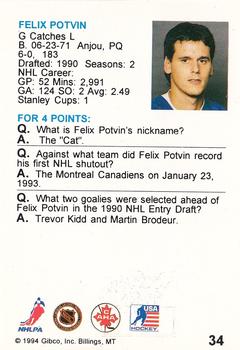 1994 Hockey Wit #34 Felix Potvin Back