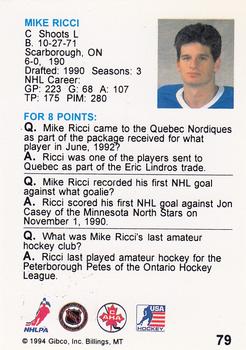 1994 Hockey Wit #79 Mike Ricci Back