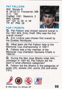1994 Hockey Wit #98 Pat Falloon Back