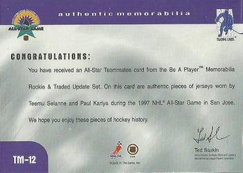 1999-00 Be a Player Memorabilia - Update Teammates Jerseys #TM-12 Teemu Selanne / Paul Kariya Back