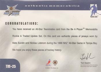 1999-00 Be a Player Memorabilia - Update Teammates Jerseys #TM-25 Mats Sundin / Nicklas Lidstrom Back