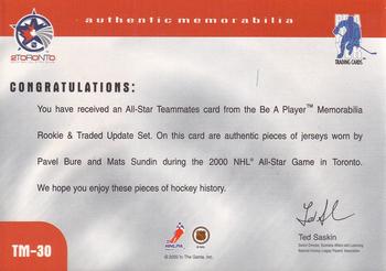 1999-00 Be a Player Memorabilia - Update Teammates Jerseys #TM-30 Pavel Bure / Mats Sundin Back