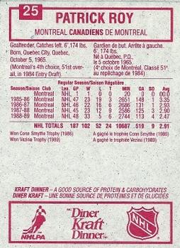 1989-90 Kraft #25 Patrick Roy  Back