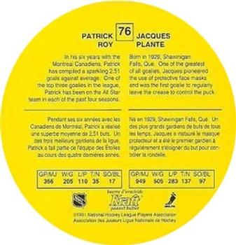 1991-92 Kraft #76 Patrick Roy / Jacques Plante Back