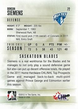 2011-12 In The Game Heroes and Prospects #72 Duncan Siemens Back