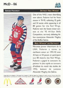 1992-93 Upper Deck McDonald's All-Stars #McD-06 Sergei Fedorov Back