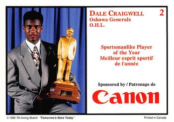 1991 7th Inning Sketch CHL Award Winners #2 Dale Craigwell Back