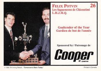 1991 7th Inning Sketch CHL Award Winners #26 Felix Potvin Back