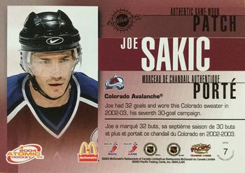 2003-04 Pacific Atomic McDonald's - Authentic Game-Worn Patch Silver #7 Joe Sakic  Back