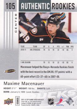 2011-12 SP Game Used #105 Maxime Macenauer Back