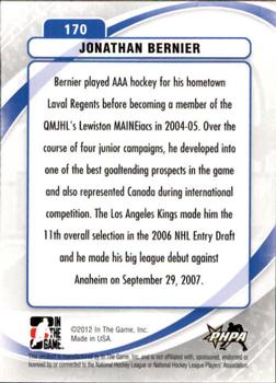2011-12 In The Game Between The Pipes #170 Jonathan Bernier Back