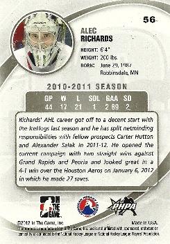 2011-12 In The Game Between The Pipes #56 Alec Richards Back