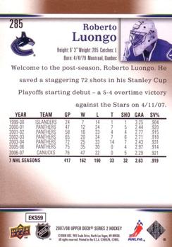 2007-08 Upper Deck #285 Roberto Luongo Back