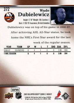 2007-08 Upper Deck #372 Wade Dubielewicz Back