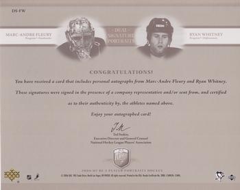 2006-07 Be A Player Portraits - Dual Signature Portraits #DS-FW Marc-Andre Fleury / Ryan Whitney Back