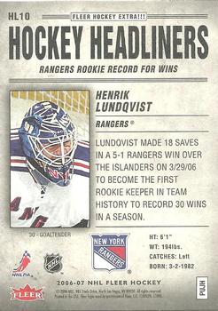 2006-07 Fleer - Hockey Headliners #HL10 Henrik Lundqvist Back