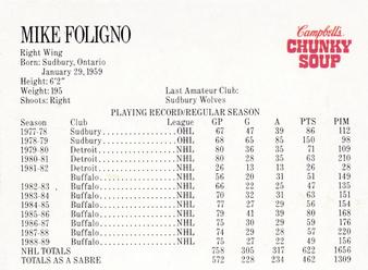 1989-90 Campbell's Buffalo Sabres #6 Mike Foligno Back