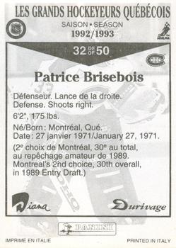 1992-93 Panini Durivage #32 Patrice Brisebois Back
