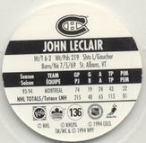 1994-95 POG Canada Games NHL #136 John LeClair Back