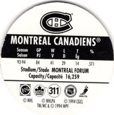 1994-95 POG Canada Games NHL #311 Montreal Canadiens Back