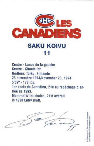 1995-96 Montreal Canadiens #NNO Saku Koivu Back