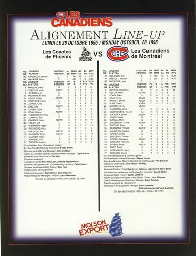 1996-97 Montreal Canadiens Line-Up Sheets #NNO Brian Savage Back