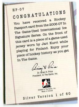 2006-07 In The Game Used International Ice - Hockey Passport #HP-07 Jari Kurri Back