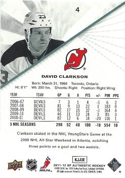 2011-12 SP Authentic #4 David Clarkson Back