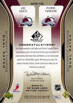 2006-07 SP Game Used - Authentic Fabrics Dual Patches #AF2-TS Pierre Turgeon / Joe Sakic Back