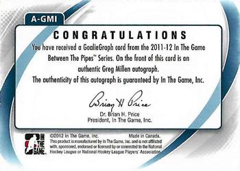 2011-12 In The Game Between The Pipes - Authentic Goaliegraph #A-GMI Greg Millen Back
