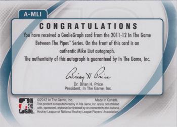 2011-12 In The Game Between The Pipes - Authentic Goaliegraph #A-MLI Mike Liut Back