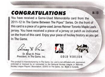 2011-12 In The Game Between The Pipes - Game Used Patch Gold #M-10 James Reimer Back