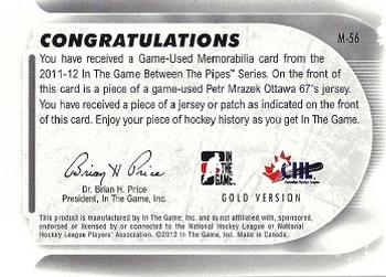 2011-12 In The Game Between The Pipes - Game Used Patch Gold #M-56 Petr Mrazek Back