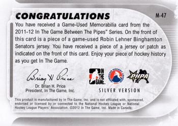 2011-12 In The Game Between The Pipes - Game Used Jersey Silver #M-47 Robin Lehner Back