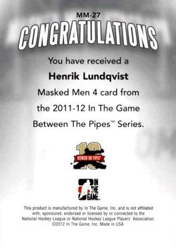 2011-12 In The Game Between The Pipes - Masked Men IV Silver #MM-27 Henrik Lundqvist Back