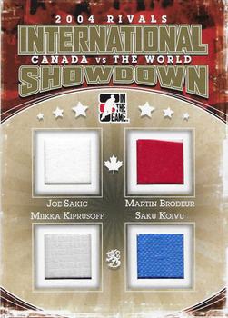 2011-12 In The Game Canada vs. The World - International Showdown Rivals Gold #ISR-11 Joe Sakic / Martin Brodeur / Miikka Kiprusoff / Saku Koivu Front
