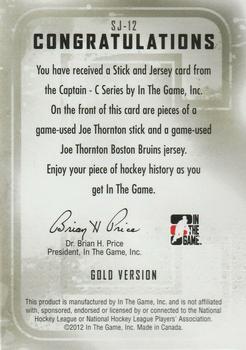 2011-12 In The Game Captain-C - Stick and Jersey Gold #SJ-12 Joe Thornton Back