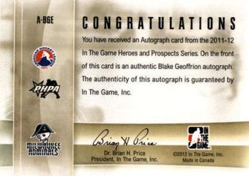 2011-12 In The Game Heroes and Prospects - Autographs #A-BGE Blake Geoffrion Back