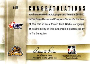 2011-12 In The Game Heroes and Prospects - Autographs #A-BR Brett Ritchie Back