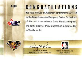 2011-12 In The Game Heroes and Prospects - Autographs #A-DHO David Honzik Back